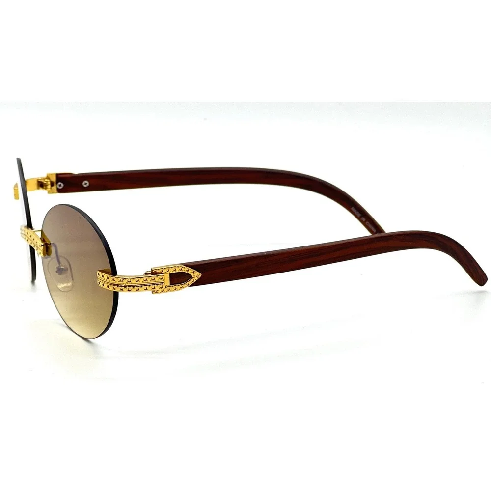 Rimless Sunglasses Oval Lens Gold Accents Wood Arms Fashion Shades Sophisticated